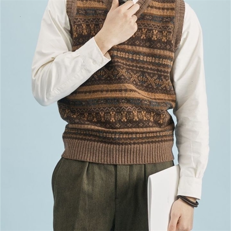 Gmiixder Autumn Winter Color Block Sweater Fair Isle Vest British Retro Gentleman V-neck Trendy Knitted Waistcoat Chic 260916