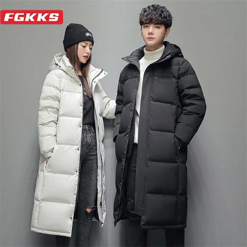 FGKKS Couple Winter Down Jacket Fashion Classic Slim Korean Style White Duck Down Men's Long Coat Women Hooded Outwear 260917