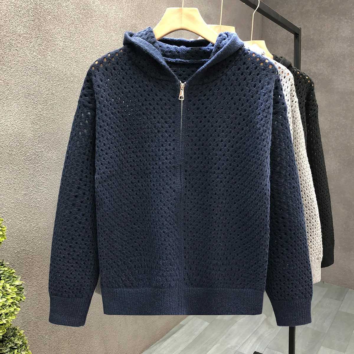 Knitted Hooded Spring Cardigan Autumn For Men Solid Color Zipper Hollow Out Sweater Jacket Korean Casual Fashion Knitting Coat J260916