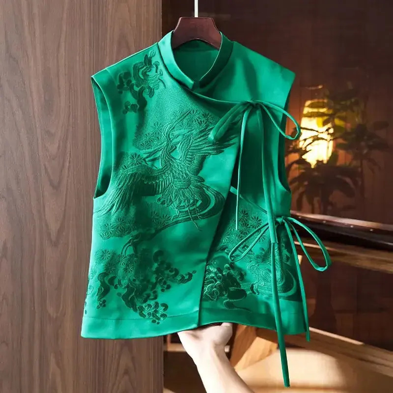 Women Vest Vintage Chinese Style Outerwear Vest White Craneflowers Embroidered Lacing Vests Spring And Summer Elegant Womens Clothing waistcoat Ladi