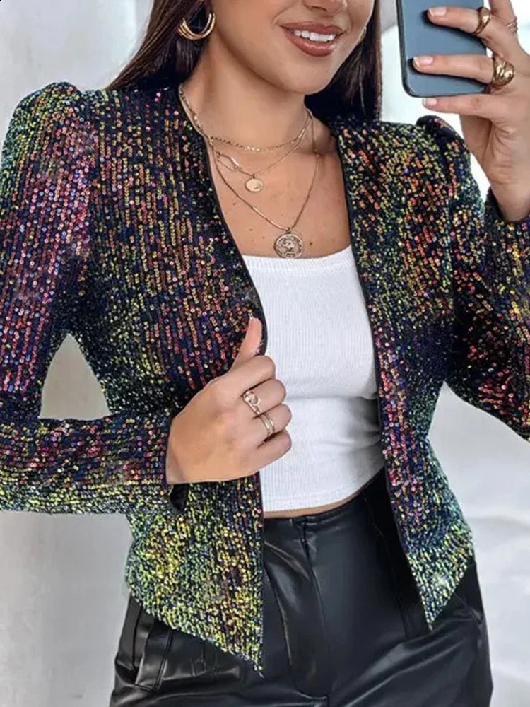 Fashion Leopard Print Sequin Jacket Women Oneck Long Sleeve Cropped Slim Coat 2026 Spring Trendy Daily Lady Chic Street Outwear 260917