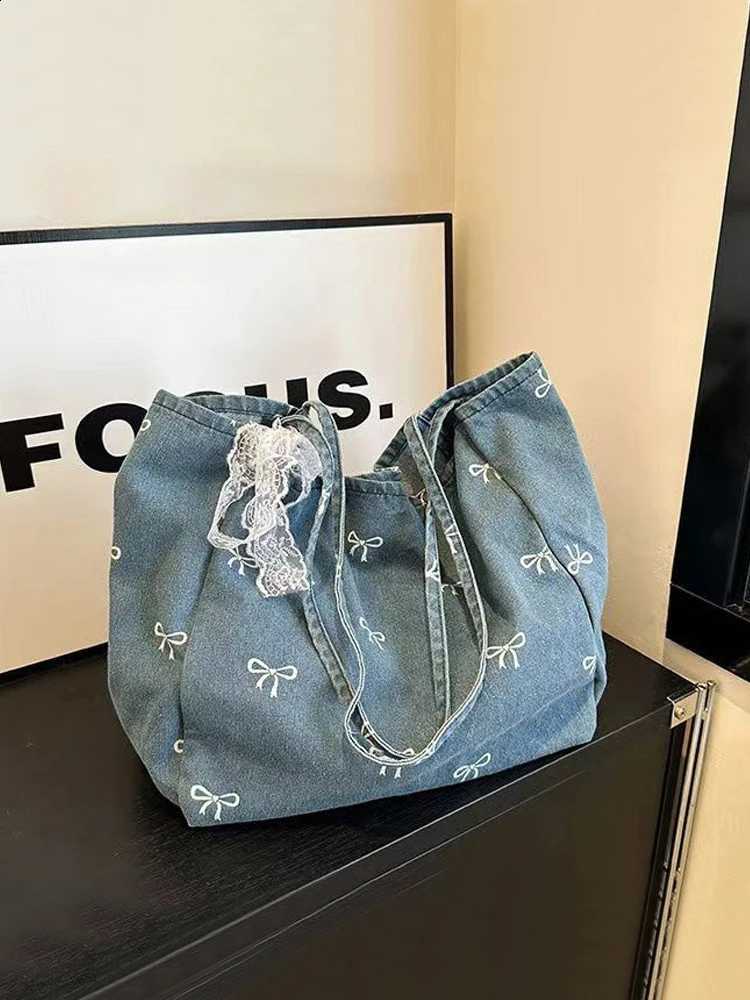New High Aesthetic Denim Canvas Tote Bag Women's Knot Sweet Versatile Casual Single Shoulder Bag Large Capacity H260916