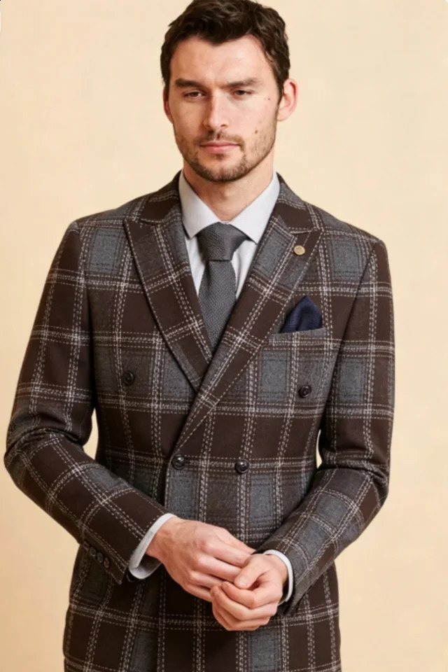 Customized Double Breasted Plaid Men Suits Slim Fit Laple Groom Wedding Tuxedos 2 Piece Sets Male Prom Blazers Ropa Hombre 260917
