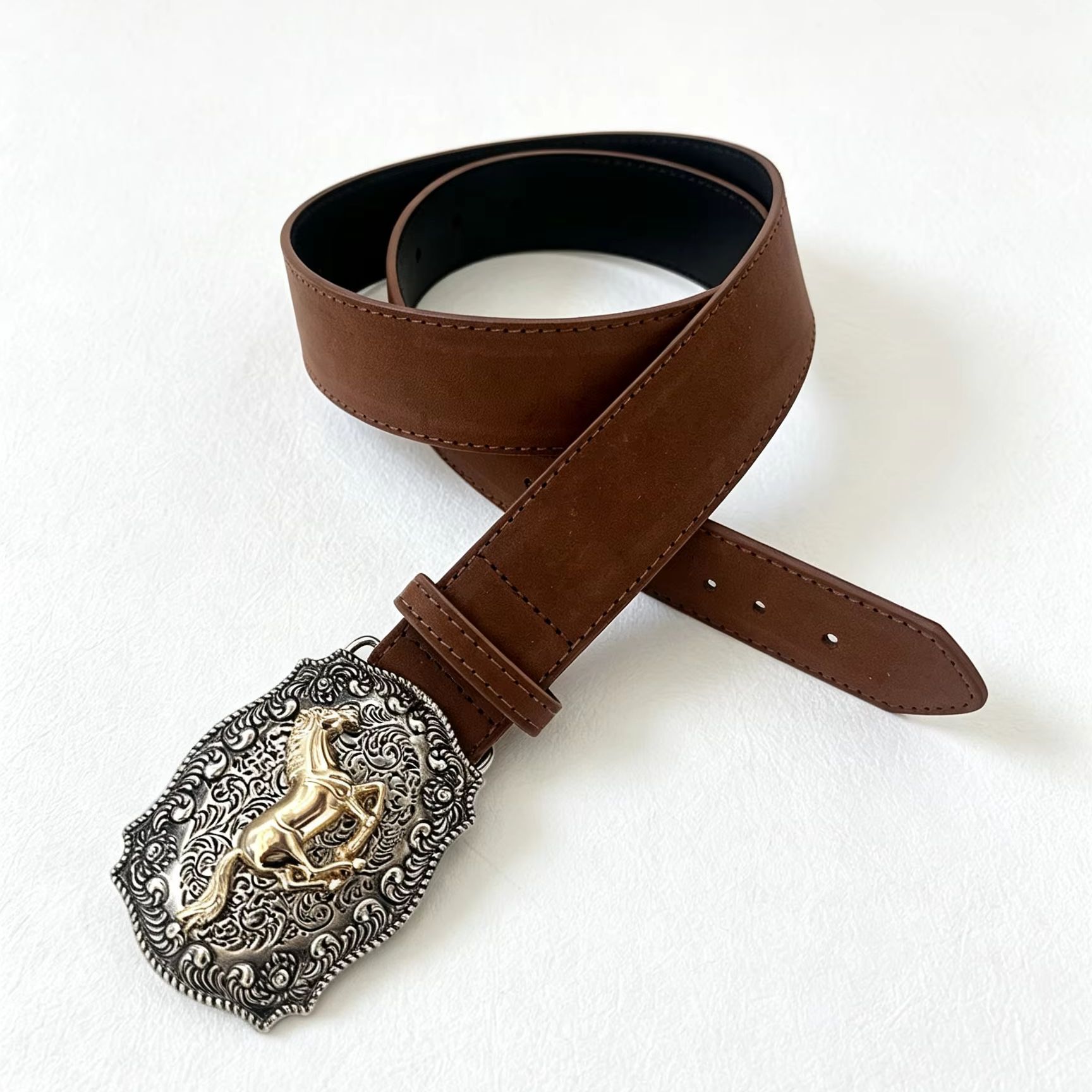 1 men's waist belt brown horse buckle, Western cowboy punk style, paired with jeans, suitable for daily parties and holiday W260917