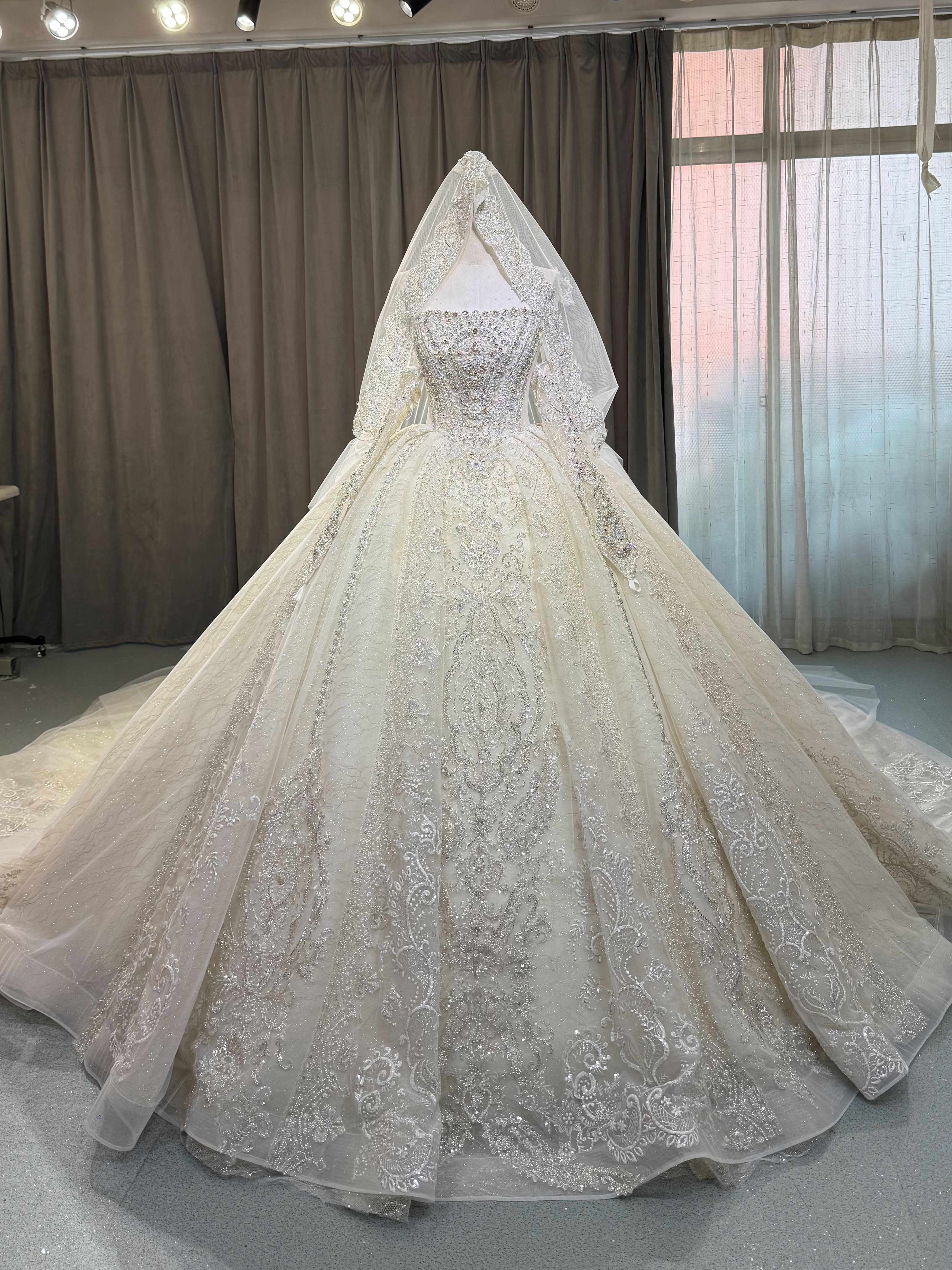 Luxurious Full Lace Beadings Wedding Dresses Strapless Detachable Sleeves Shiny Tulle Sequins Long Bridal Gowns With Veil 917