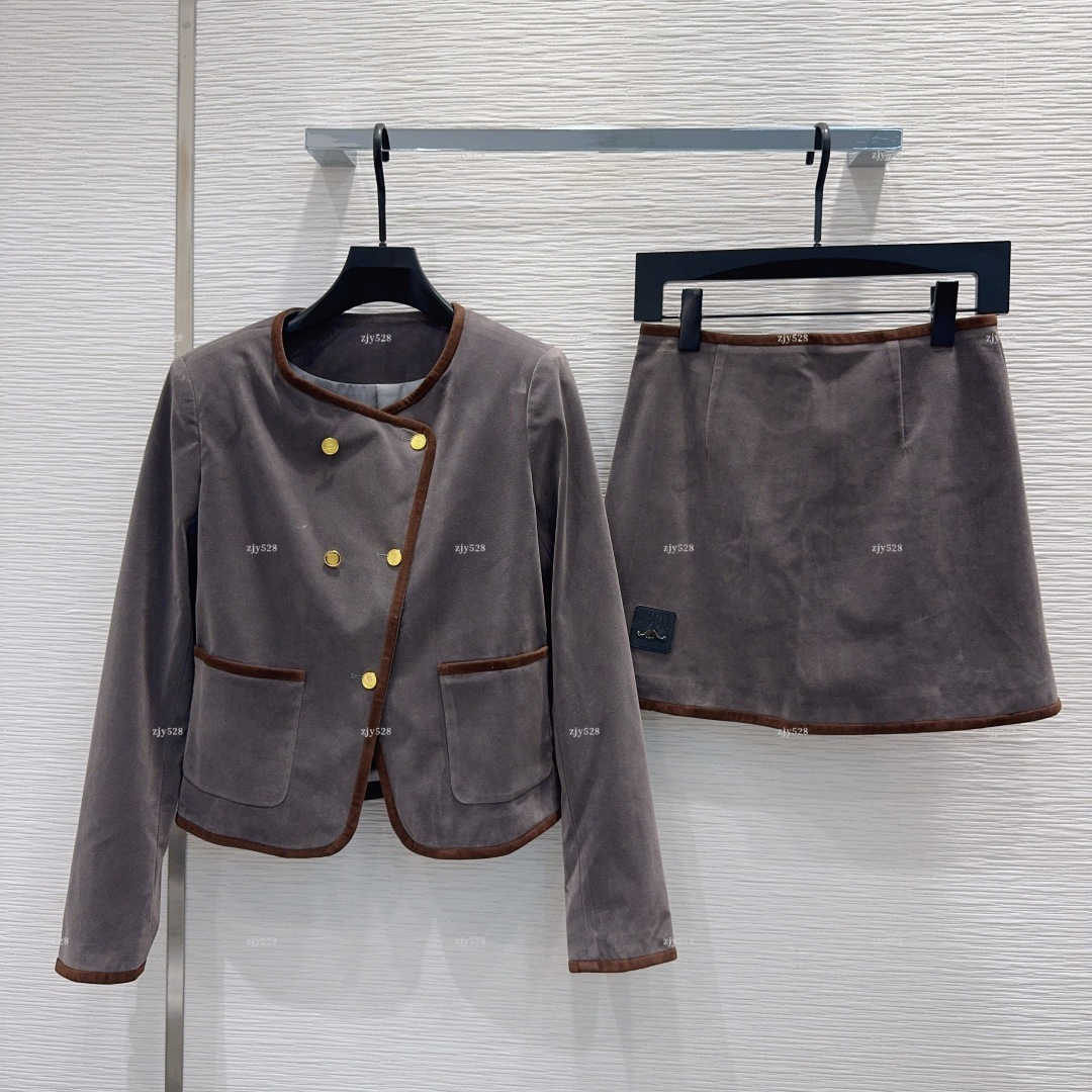 New Women 2 Piece Set Round Collar Double Breasted Gold Button Jacket Contrast Trim Mini A Line Skirt set co ord women designer clothes elegant Suit