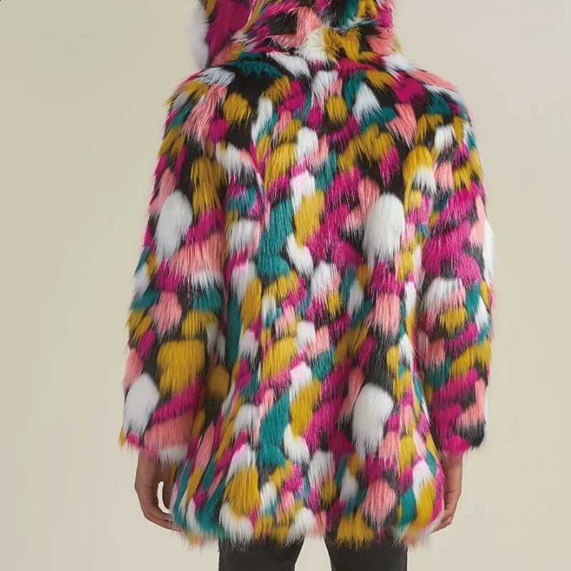 Faux Men Cardigan Spliced Hooded Fur Print Jackets Overcoat Fur Outerwear Coat Loose Autumn Slight Strech High Street 2025W260915