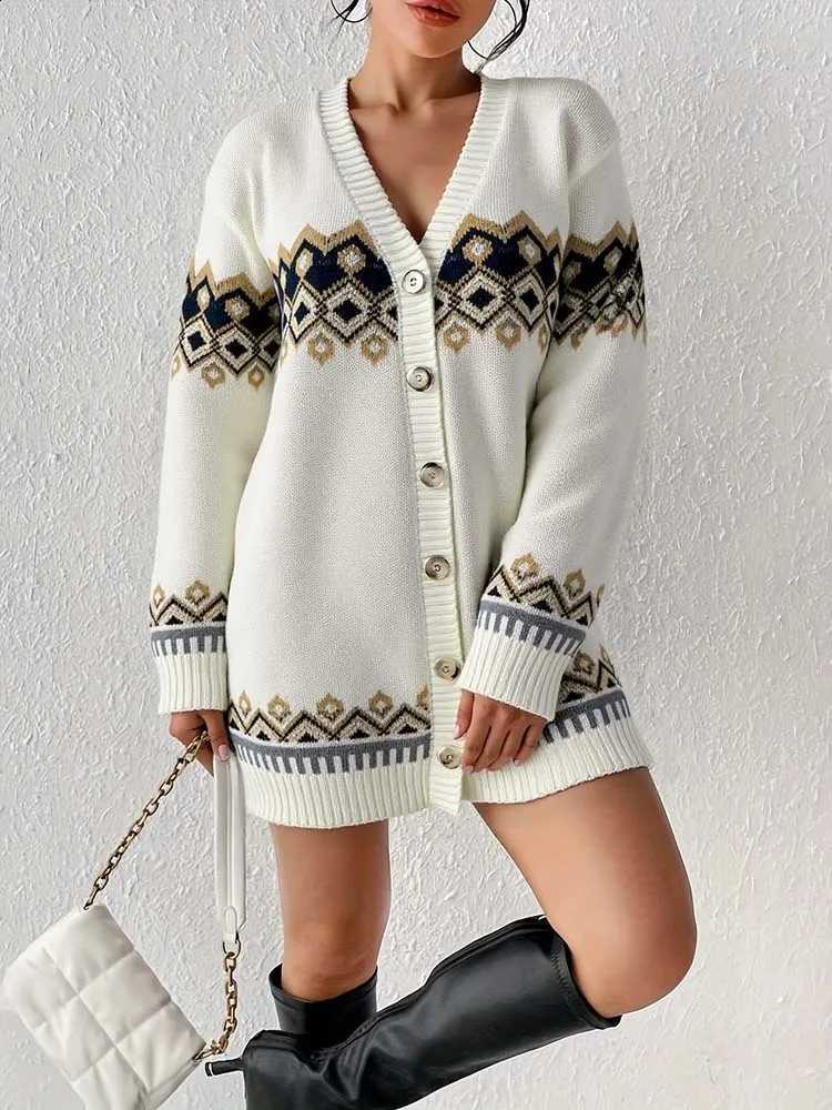 Women's retro geometric jacquard design V-neck cardigan long coat sweater relaxed casual elegant and versatile. X260916
