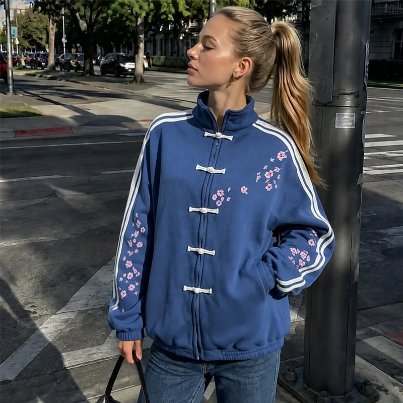 Autumn Women Chinese Frog Button Jackets Y2k Vintage Sakura Print Zip Up Sweatshirts Stand Collar Tops Streetwear 260917