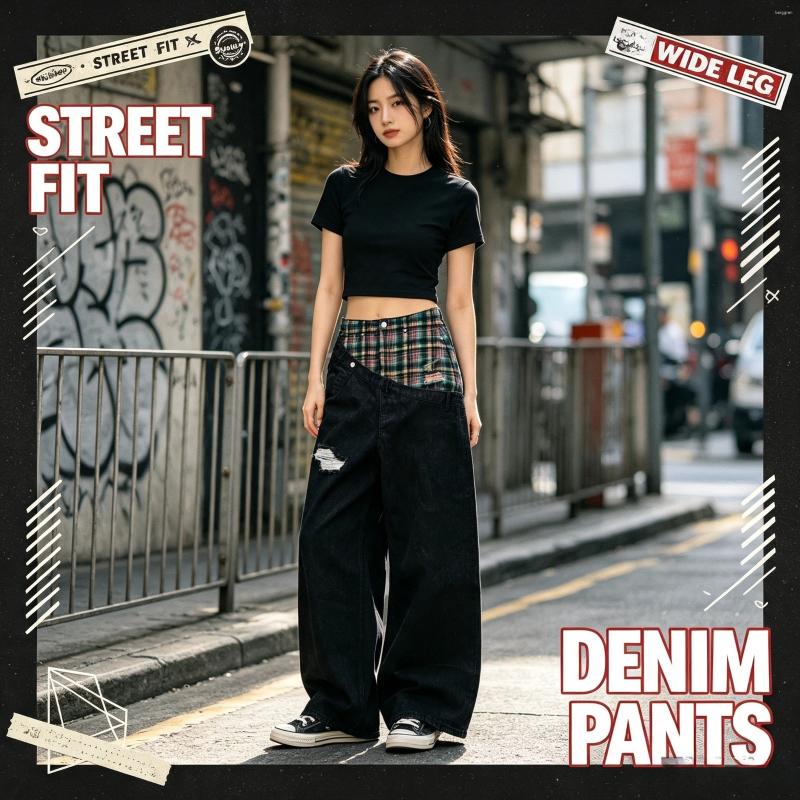 Vintage Diagonal Plaid Patchwork Loose Jeans Y2K Slanted Runway Unisex Hip Hop Streetwear American Basketball Men