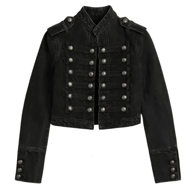 Y2K Retro Hussars Jacket Stand Collar Double Button Cropped Jacket Napoleon Old Money BLK Denim Jacket Women Boxy Coat 260915