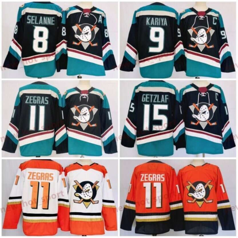 Mens 2025 New Hockey Jerseys 8 Teemu Selanne 9 Paul Kariya 15 Ryan Getzlaf 11 Trevor Zegras White Black Orange Shirts Stitched