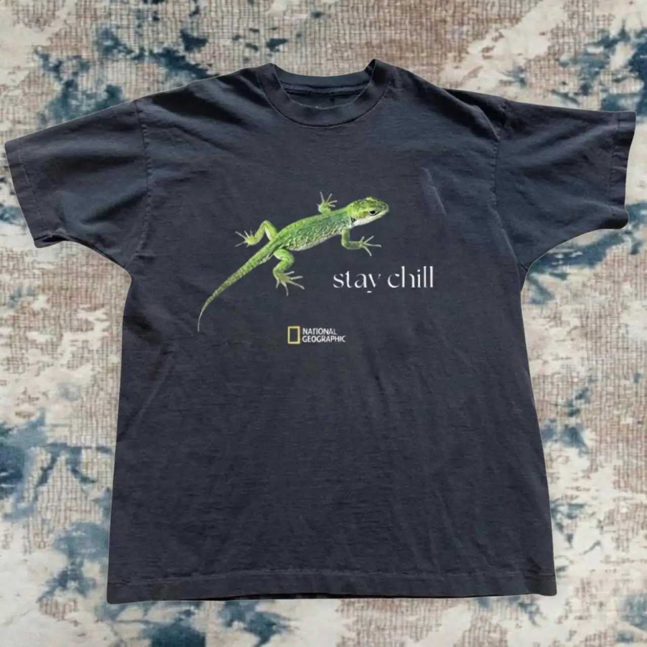 Black Geographic Lizard Print "Keep Calm" T-shirt Unisex Design Summer New Women's Vintage Breathable X260916