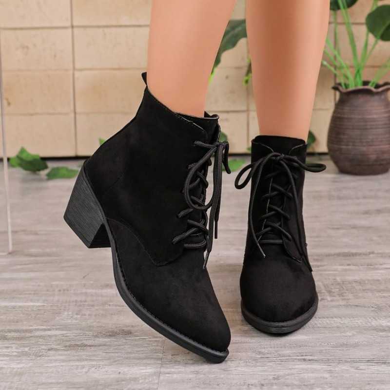 Boots 2026 Ankle Autumn Winter Women Black Lace Up Boots Woman Plus Size 36-43 Pointed Toe Booties Female D260917
