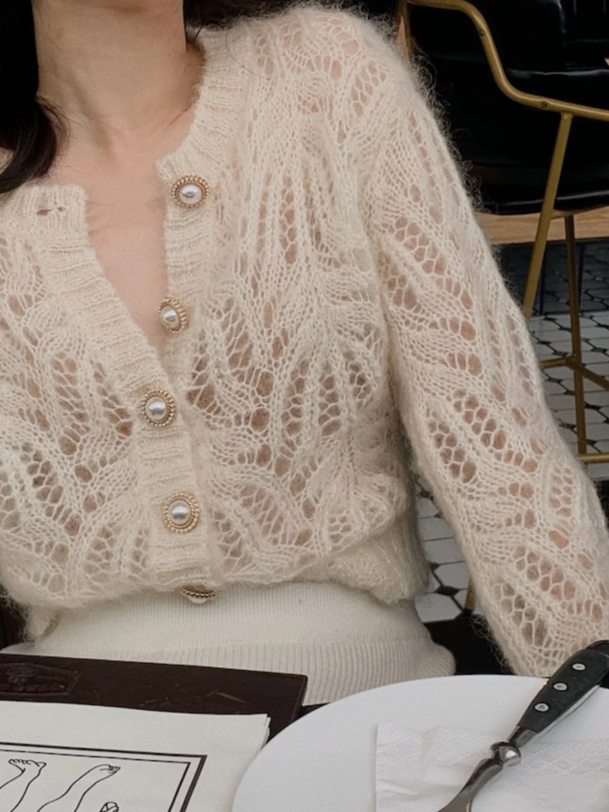 Spring Sle Hollow out Thin Knitted Cardigan Women's Top Ma Hai Hair Long Sve V-Ne Button up Casual Loose Fit Sweater 260917