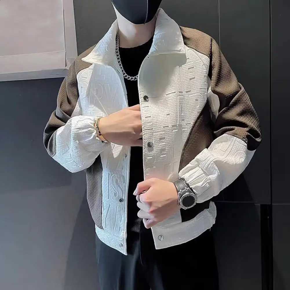Lapel Men Long Sleeve Jacket Coat Hip Hop Style Windproof Design Color-Blocked Jacket with 3D Letter Pattern C260917