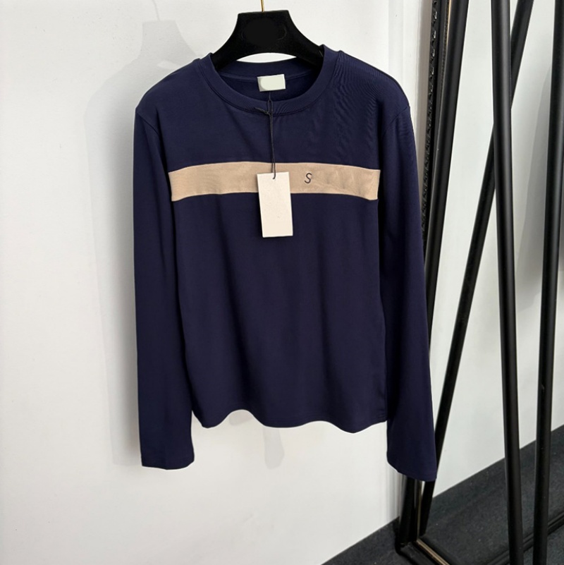 Designer Colorblock Stripe T Shirt Women Long Sleeved Warm Fleece Pullover Tops Autumn Winter Casual Bottoming Shirts