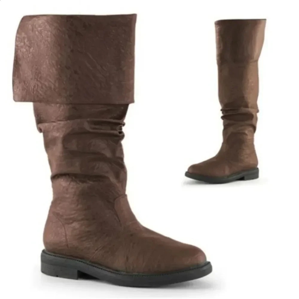 Men's Women's Medieval Shoes Knee High Boots Flat Men's Boots Retro Cowboy Faux Leather Black Brown Cosplay Boots 260916