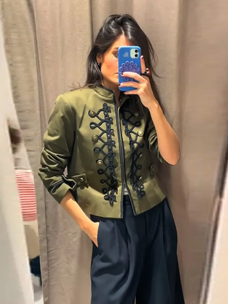 Women Woven Patchwork Napoleon Jacket Shoulder Pad Long Sleeve Hook Closure Street Blazer 2026 Spring Chic Casual Edgy Crop Coat 260917