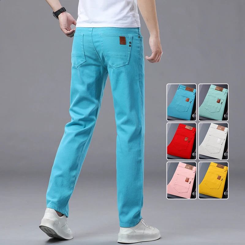 Autumn Mens Elastic Colorful Jeans Breathable Casual Straight Fitted Solid Color Denim Pants Korean Fashion Trousers 260917