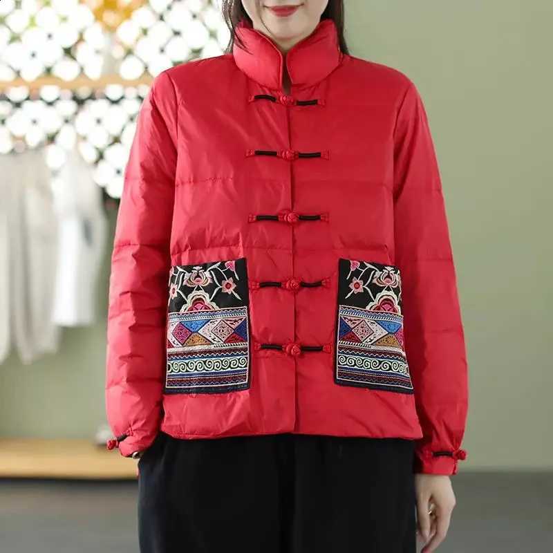 Chinese Style Vintage Women Embroidered Buckle Down Coat Warm Light White Duck Down Jacket Parkas Female Short Puffer Outwears H260917