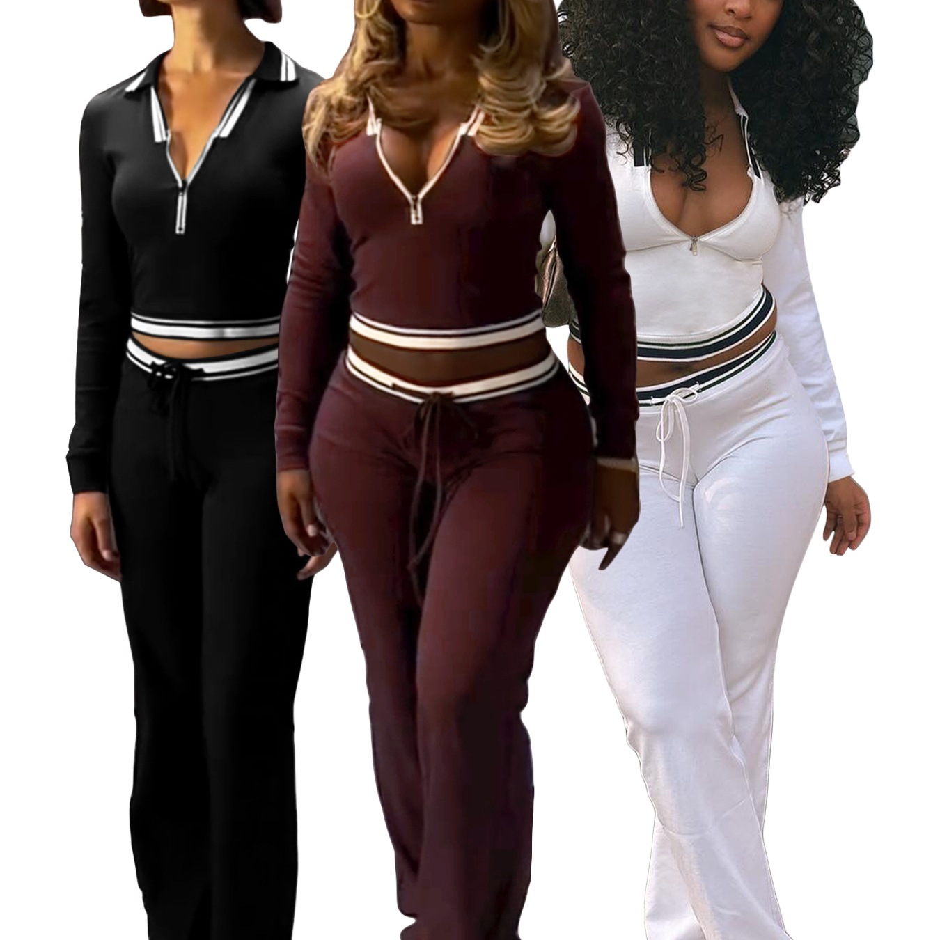 Foreign trade European and American fashion women's clothing, collared half-zip drawstring wide-leg pants, vintage street style two-piece set f
