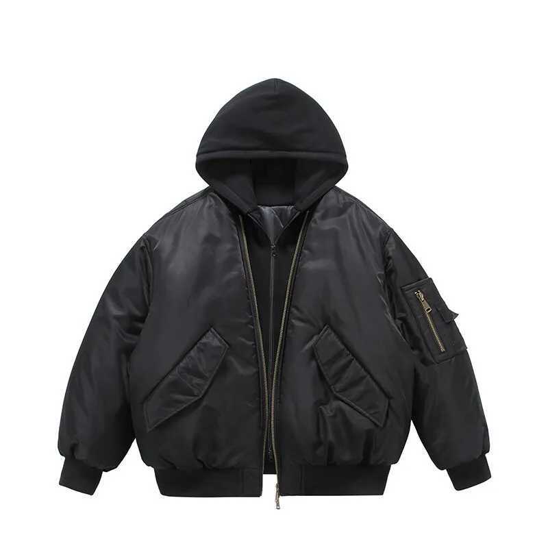 Men's Fake Two Pieces Bomber Jacket Winter Cotton Padded Coat Hood Strtwear High Strt Thick Warm Male Outdoor Winter Clothes S260917OC0K