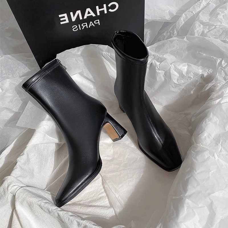 Comfortable Square Ankle Boots Autumn Soft Leather High Heel Boots Women's fashion Zipper Simple Temperament Women's Shoes D260917