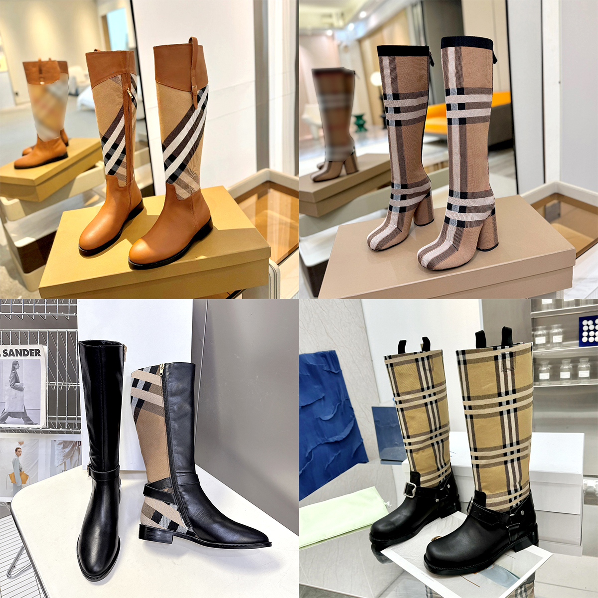 mirror quality Ankle Boots Plaid Stripes Fabric New Fashion bootie Designer blueberry Side Buckle Knee High Boots Outdoor Square heel Women Luxury M
