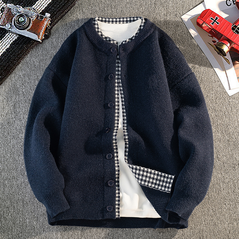 New Autumn and Winter Knitted Sweater Cardigan Versatile Base Fake Two-Piece Jacket Fashionable Casual Men's Clothing Tops J260917