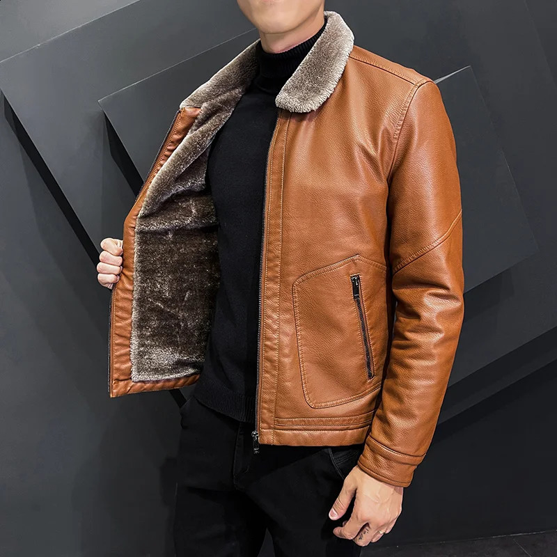 2026 Winter Fashion Warmth Thickened Leather Jacket Lapel Solid Zipper nBomber Coat Men's Leather Jacket M-4XL 260917