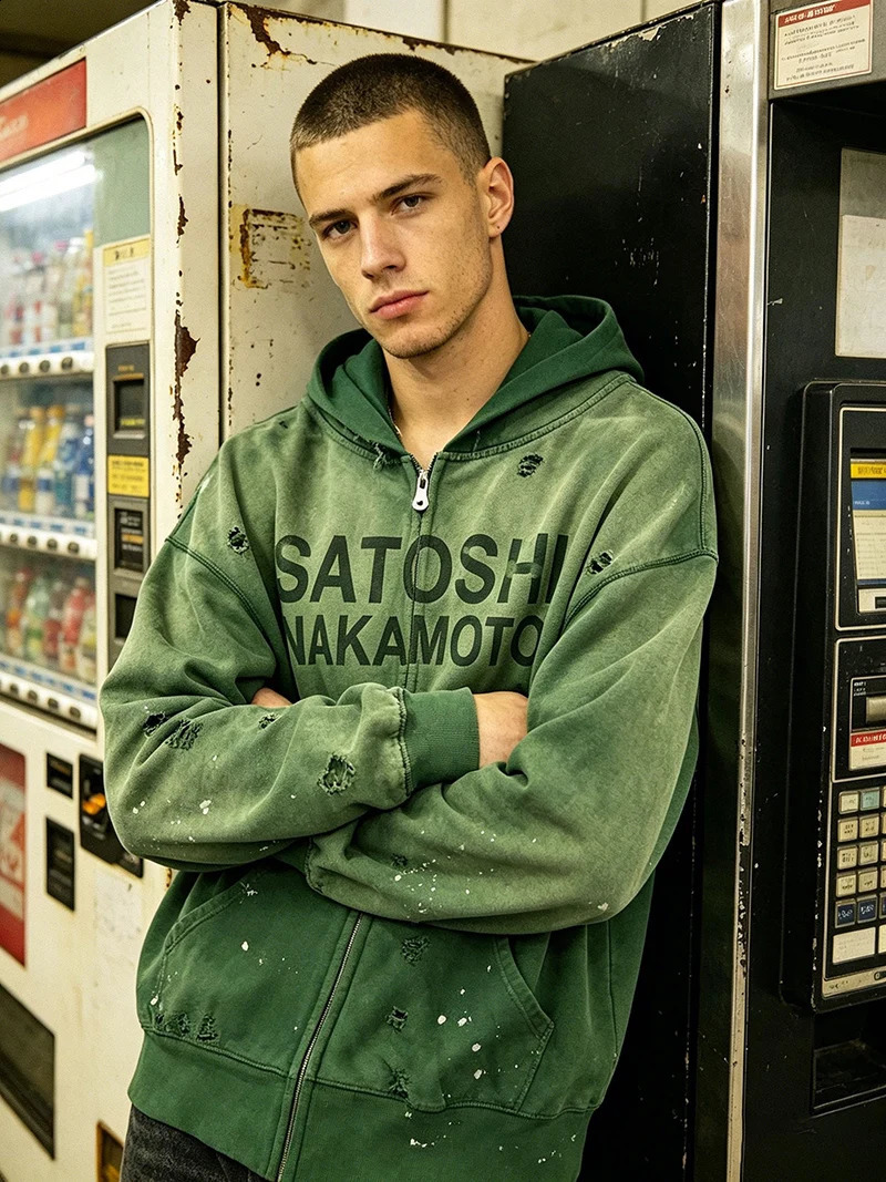 Vintage SATOSHI Multi Color Series Splashed Ink Distressed Hooded Zipper Hoodies Washed Letter Print Oversized Fashion Tops 260917