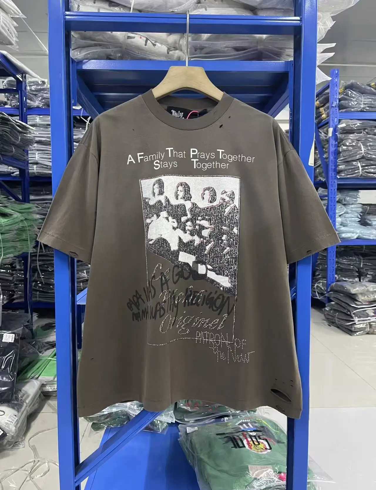 Summer Texture Letter Character Print Vintage Street Casual Loose Cotton Washed Short Sleeve Trendy Hip Hop Round Neck T-shirt X260916