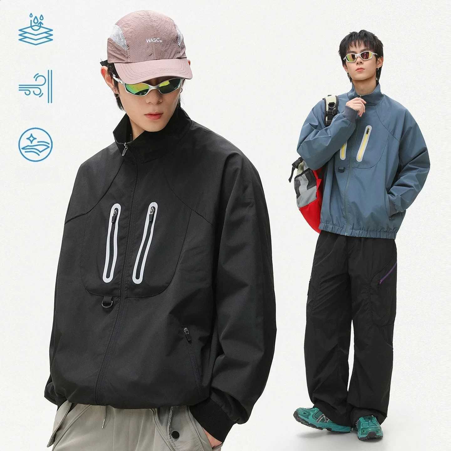 Men's Autumn Water-Repellent Jacket with Contrast Zipper Reflective Details Loose Fit Outdoor Sports Coat for Casual Wear C260917