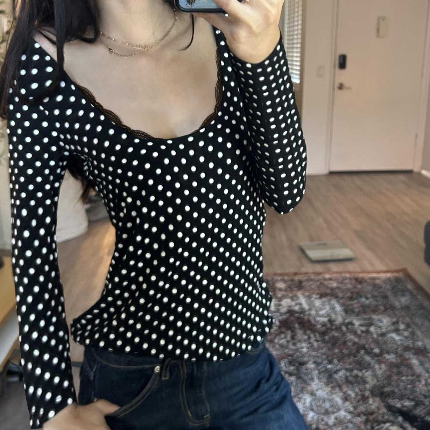 Korean-style casual polka dot lace patchwork slim-fit top for women, versatile and pure desire style long-sleeve T-shirt d4