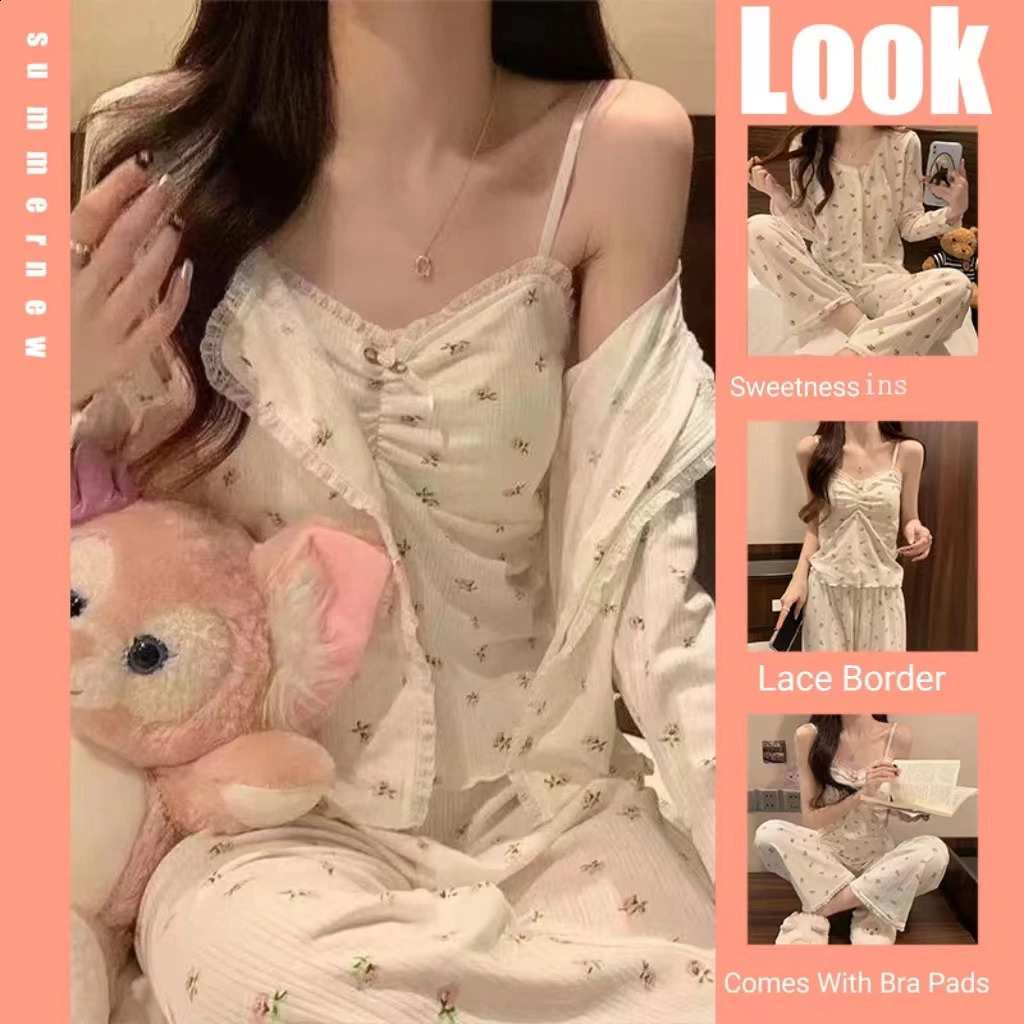 Three-Piece Pajamas Female Long-Sleeved Sling Ladies Homewear Korean Version Of The Sweet Homewear Spring And Autumn Models 260917