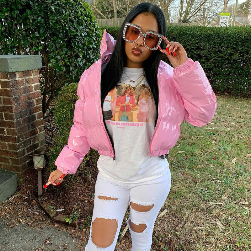 Bright Women Fashion PU Cute Pink Puffer Jacket Winter Warm Bubble Coats Shiny Leather Parkas Down Zipper Cropped Jackets Parkas H260917