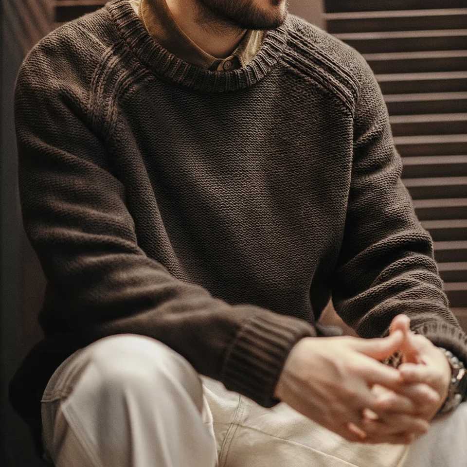Heavyweight Vintage Maden Knitted New Crew-neck Sweater Brown Warm Pullover Men's Versatile Top for Autumn and Winter KnitwearW260915