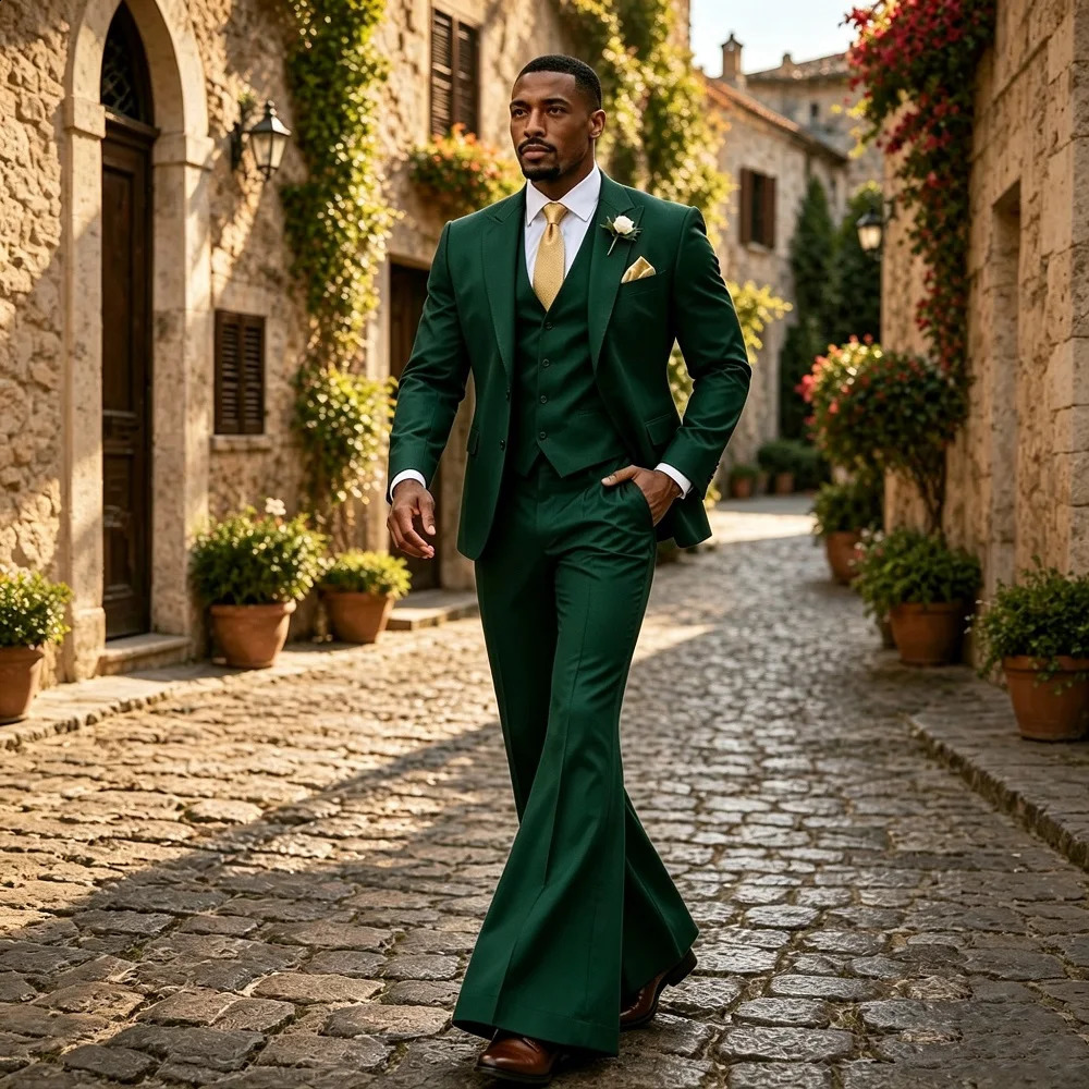 Vintage 70s Style Wedding Suit for Men with Wide Leg Trousers 3 Pieces Custom Tailored Groom Tuxedo Jacket Vest Pants Set 260917