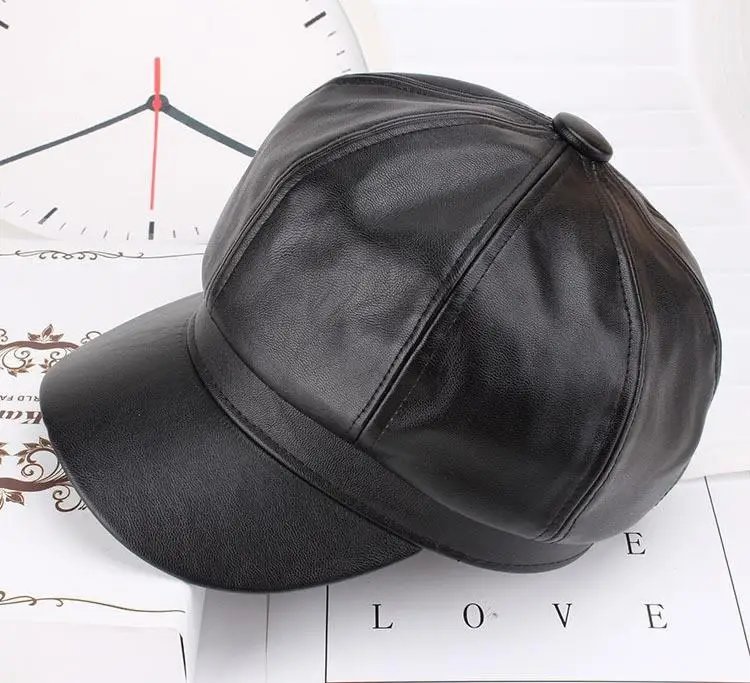 Retro Beret Adjustable PU Leather Classic Black Flat Top Hat Women