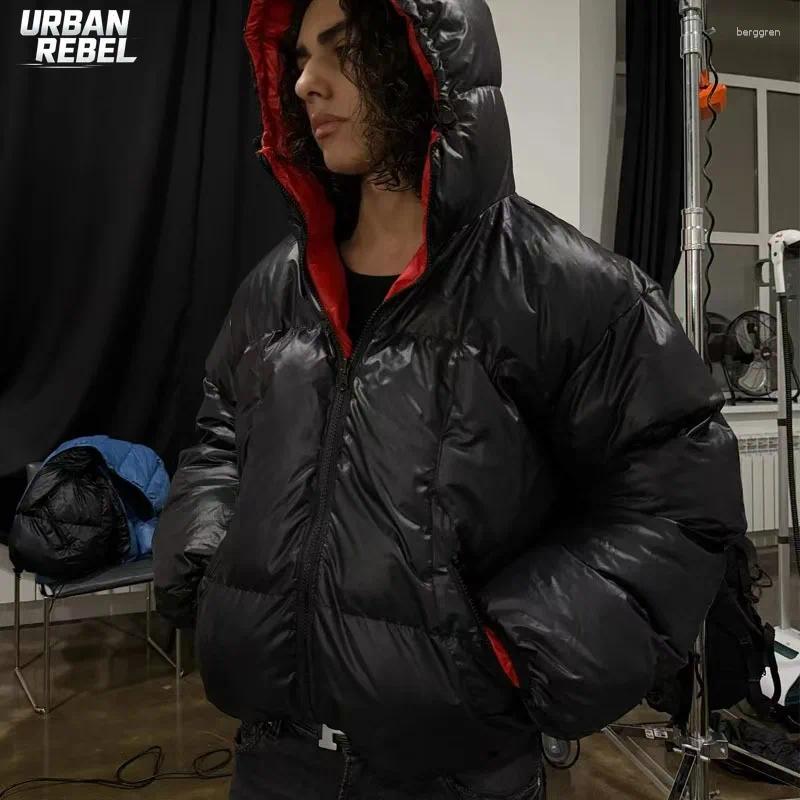 Men Winter Warm Puffer Parkas Back Print Hooded Down Oversized Windproof Coat Couple Bubble Black White Y2k Outwear Jacket