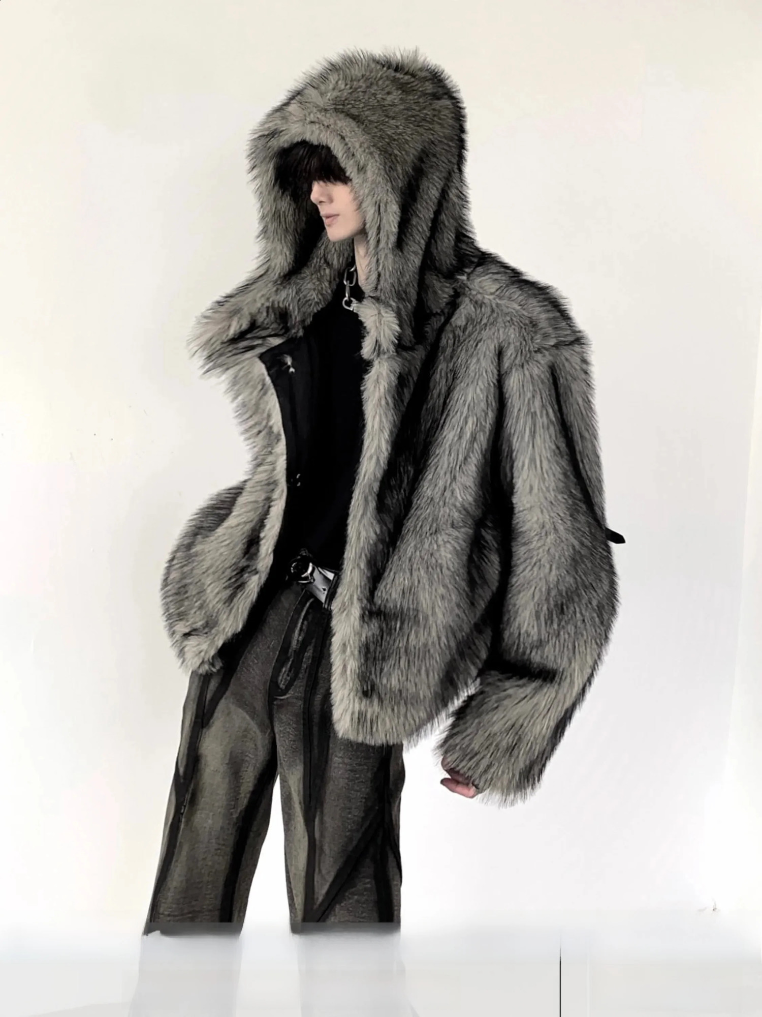 Autumn Mountain Wind Short Male Faux Fur Jacket Anti Long Sleeve Street Style Loose Fit Polyester Coat with Collar 260917