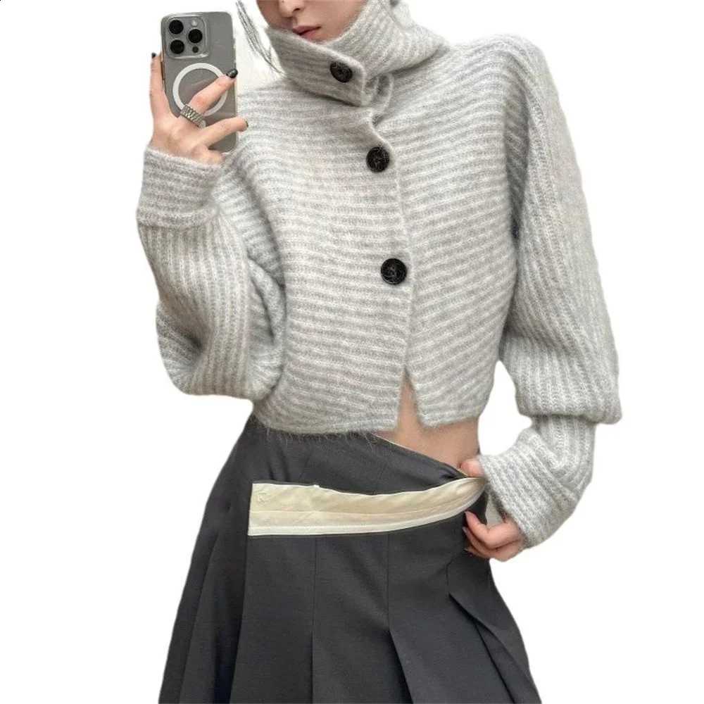 2025 Gray Striped Women Sweater Vintage Turtleneck Korean Fashion Knit Button Autumn Loose Oversized Cardigan Long Sleeve Top X260916