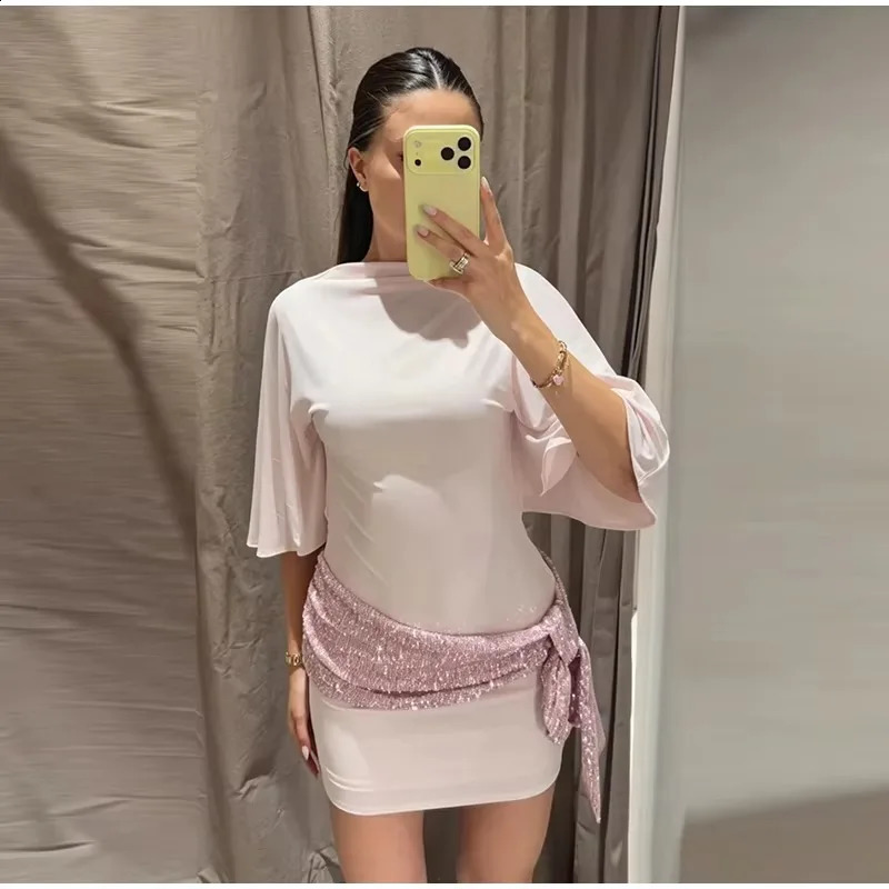 Chic Sexy Stylish Sequin Mini Dress Flare Sleeve Backless Bodycon Slim Fit Dresses With Belt Elegant y Evening Party Outfit 260917