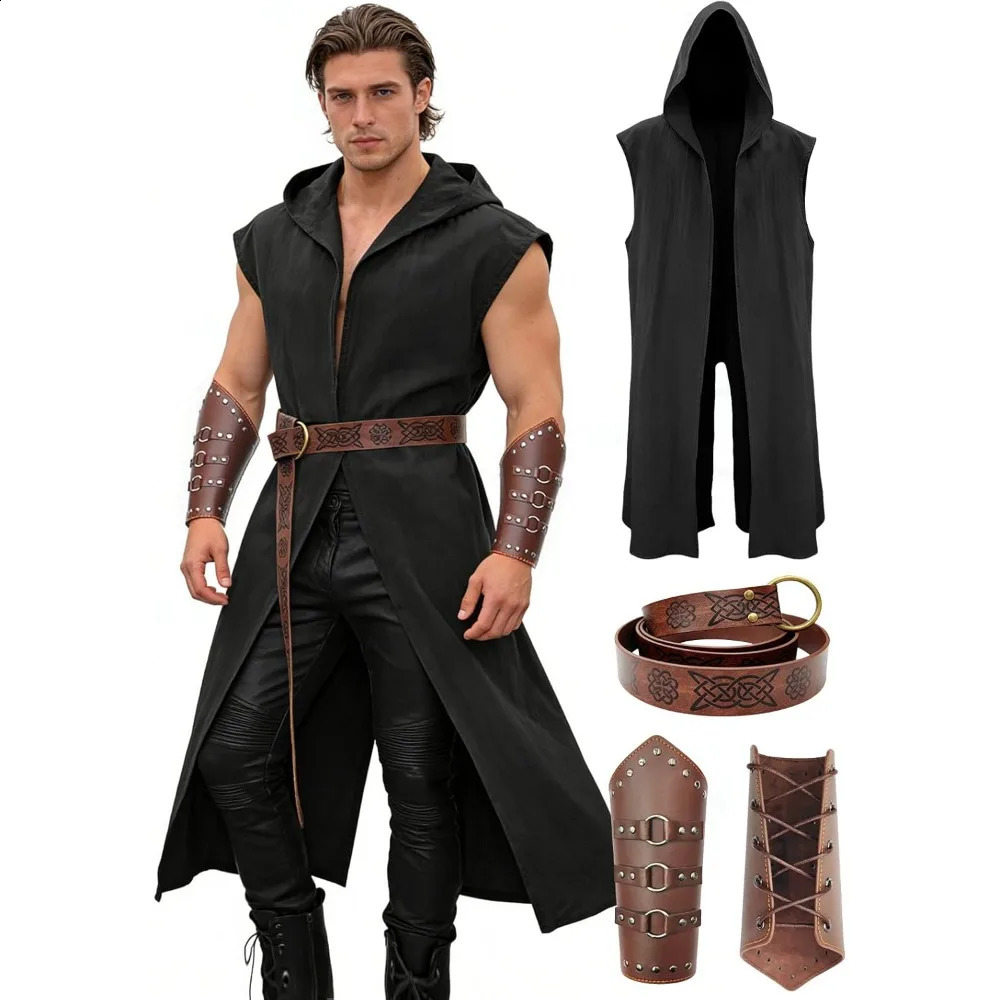 Verceco Mens Renaissance Costume Set MedievalRenaissance for Men with Hooded Surcoat Leather Belt Bracers 260910