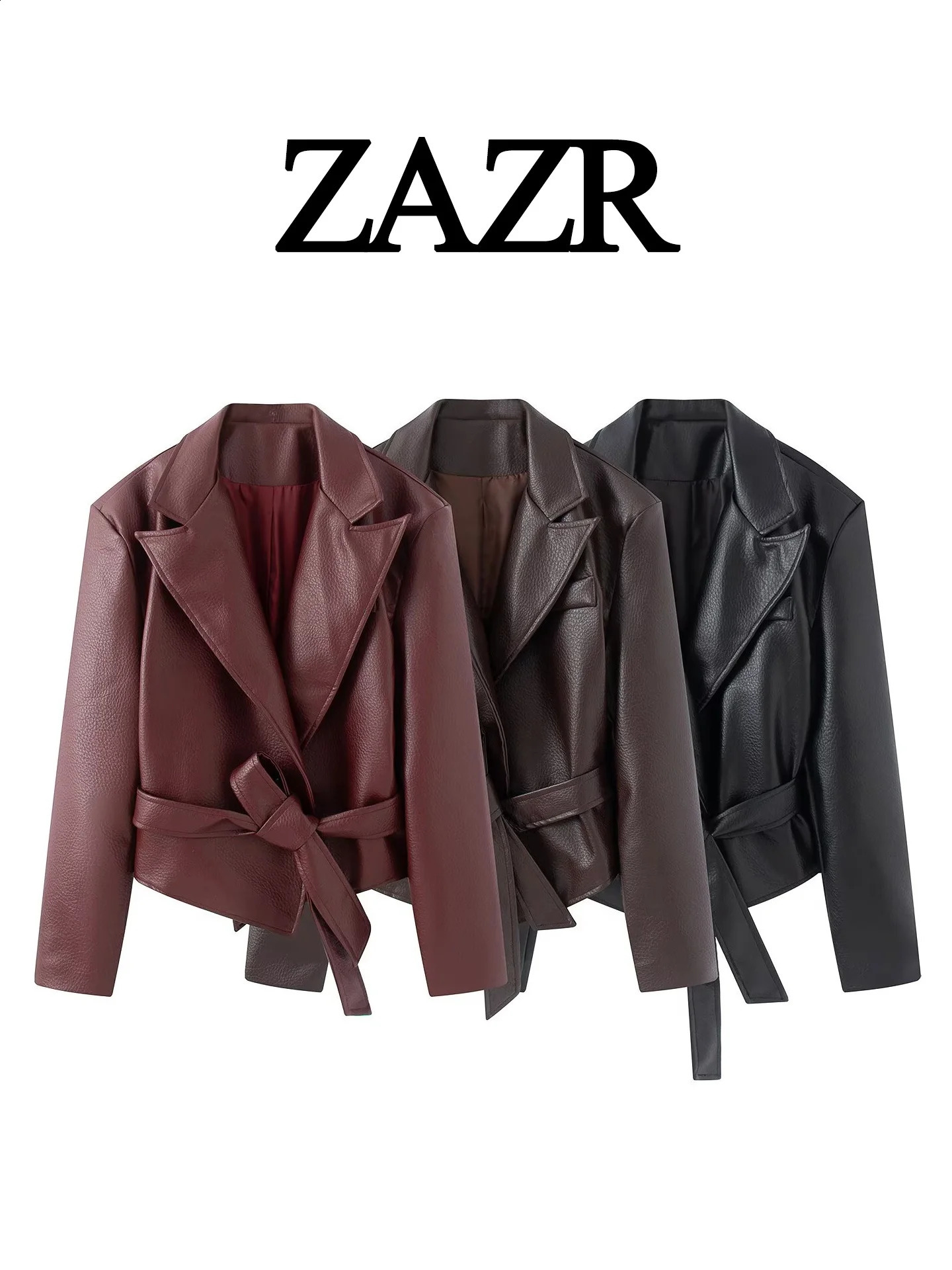 Cool Trendy Biker Style Leather Jacket Womens Regular Fit Belted Tie Waist ZR Polyester Outerwear Summer Collection 260916