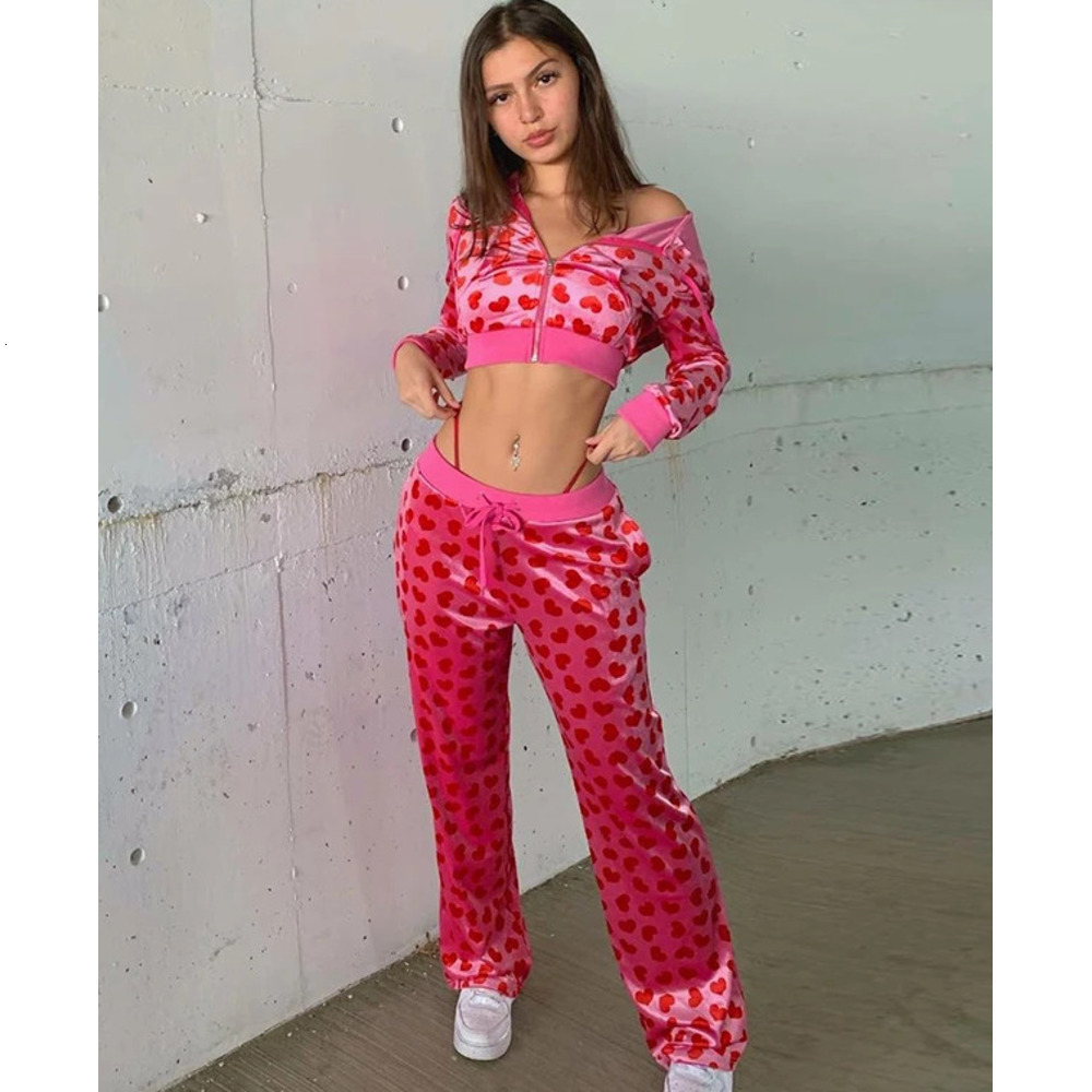 Halloween Women Pink Heart Print Velvet Crop Hoodies Zip Up Y2k Long Sleeve Cropped Sweatshirts Coat 90S E Designer Fashion Girl Jacket Tracksuit