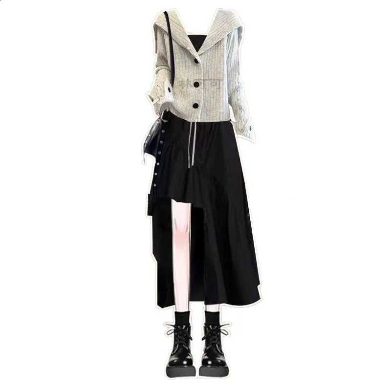 Temperament Autumn and Set Winter Women's Lapel Knitted Sweater Paired with Hepburn Style Black Suspender Dress Two-piece SetW260915