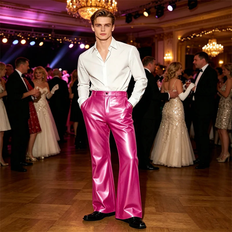 Mens Pants Shiny PU Leather Flared High Waist Slim Fit ButtonFly Slant Pockets Party Nightclub Disco Stage Retro Chic Trousers 260917