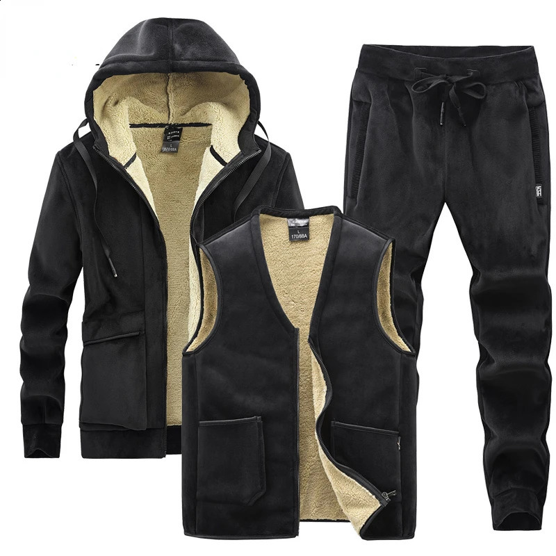 Cashmere Men's Hoodies vests pants Three-pieces Sets Men Winter Plus Velvet Thick Tracksuit Casual Lamb Wool Set Men Warm 260917